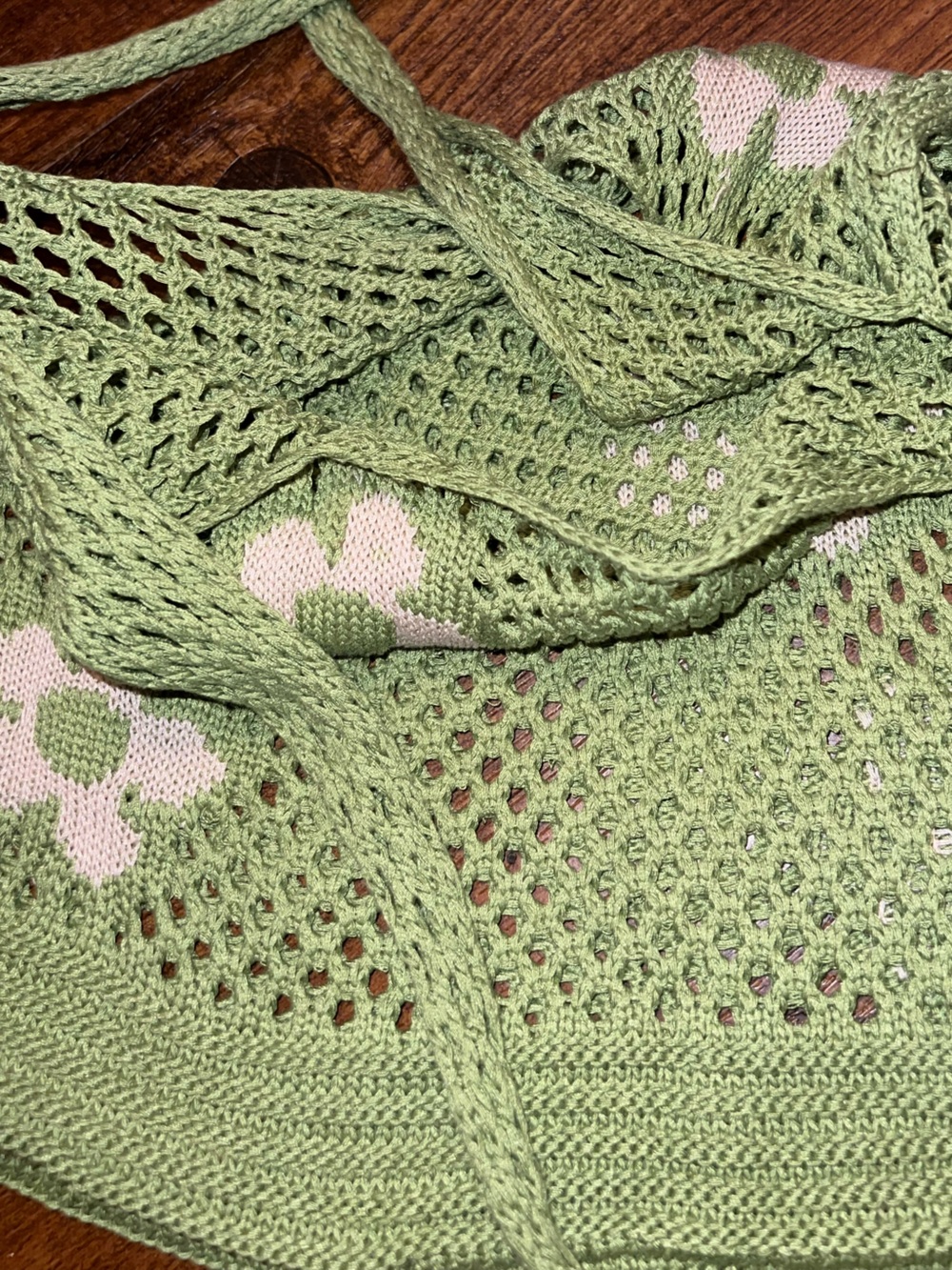Crochet Green Boho Pink Floral Y2K Hippie Shoulder Tote Bag - Picture 3 of 5